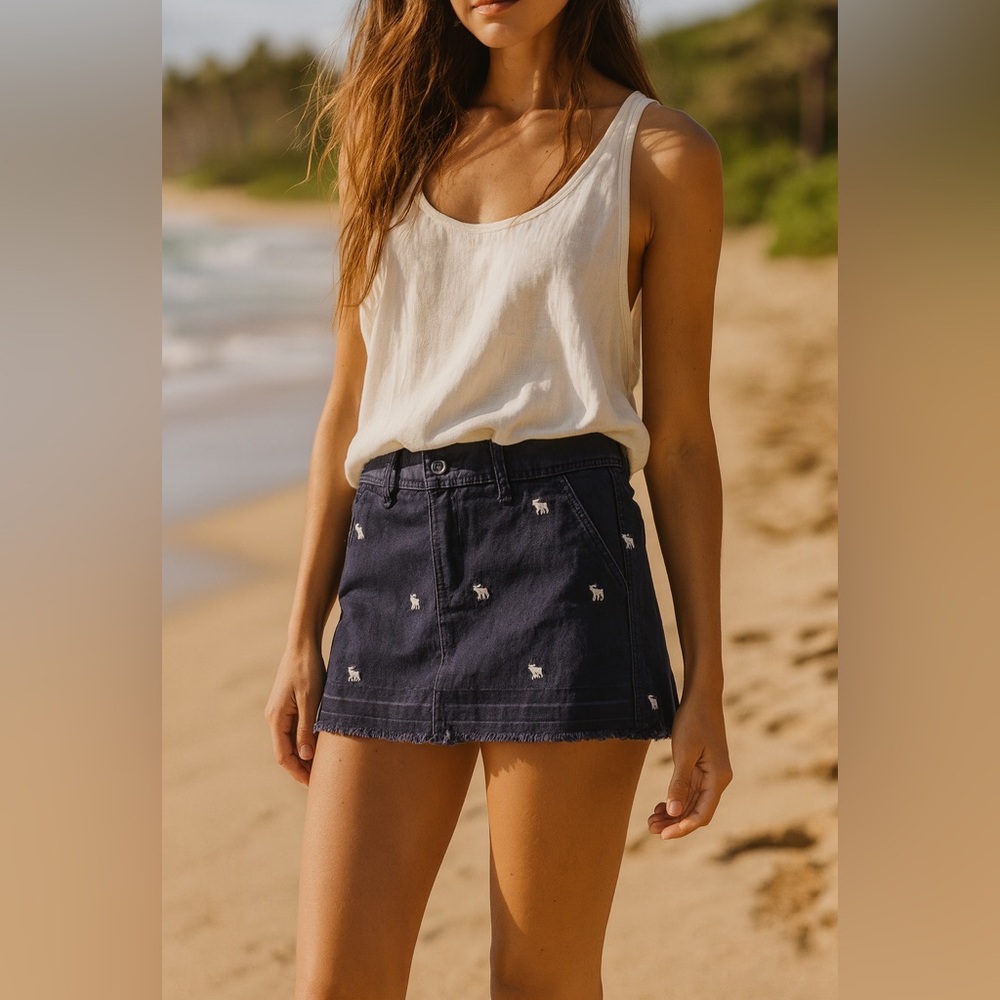 Y2K Abercrombie and Fitch Vintage Micro Mini Skirt Moose Embroidered Navy Size 6